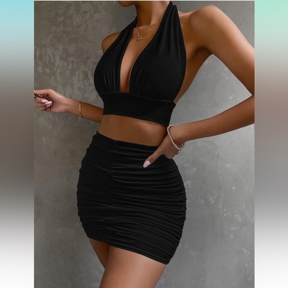 Black 2 Piece Outfit - Halter Top and Ruched Mini Skirt Set - Picture 3 of 3
